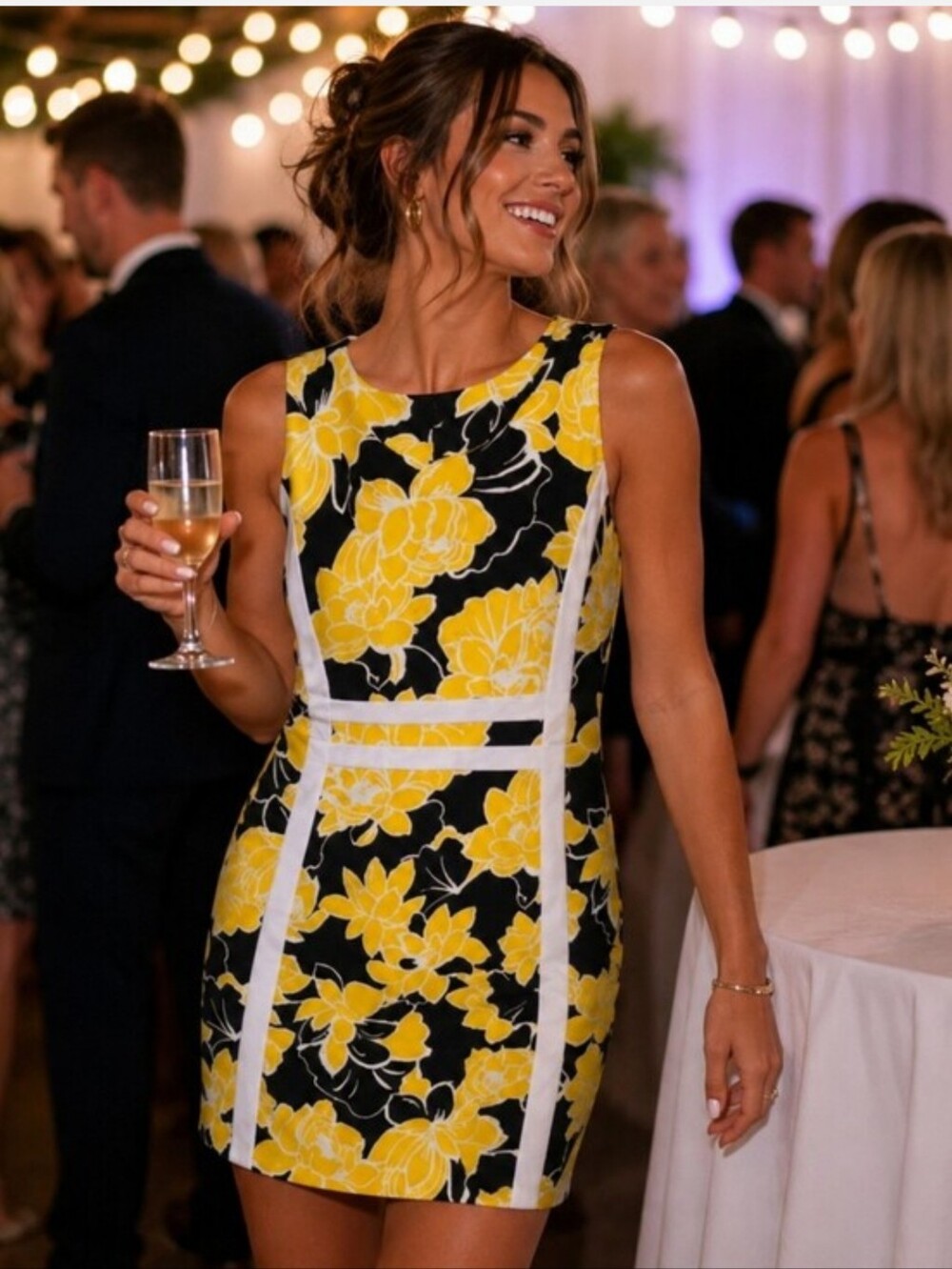 Shelby & Palmer Black Mini Dress with Yellow Floral Print and White Trim